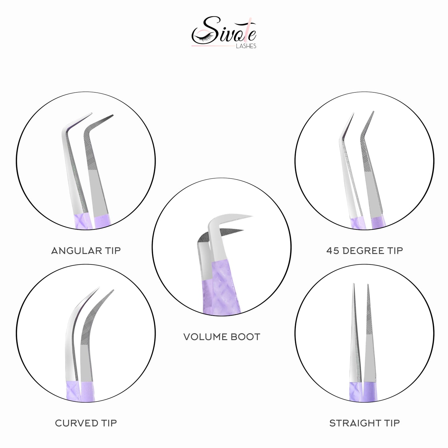 SIVOTE Lash Tweezers for Eyelash Extensions, Pack of 5 Purple – Lash Extension Tweezers Set with Diamond Grip, Precision Fiber Tip for Volume Eyelash Extensions