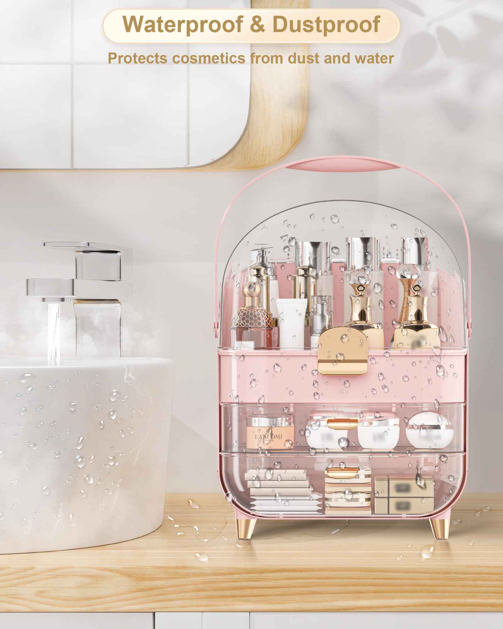 Makeup Organizer Countertop, Skincare Holder Bathroom Counter Organizer, Storage Box Cosmetic Display Cases, Teen Girl Gifts Make up Organizers for Vanity, Dresser (Pink)