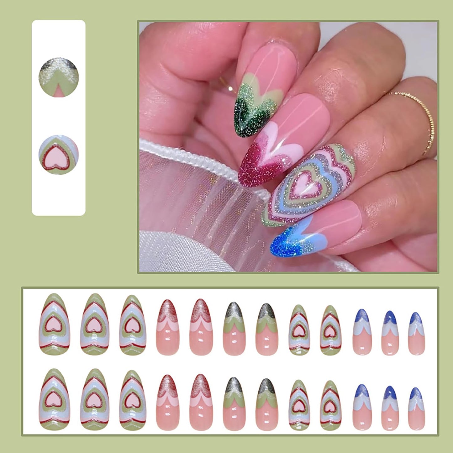 Long Press on Nails Almond Fake Nails Nude Pink RIICFDD False Nails with Colorful Glitter Heart Pattern Designs Artificial Glossy Full Cover Cute False Nails for Women and Girls Acrylic Nails 24Pcs