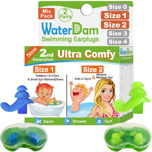 WaterDam Swimming Ear Plugs Great Waterproof Ultra Comfy Earplugs Prevent Swimmer's Ear (Size 1+2: Toddlers (Blue) & Small&Medium Ear Women Kids Teens (Green))