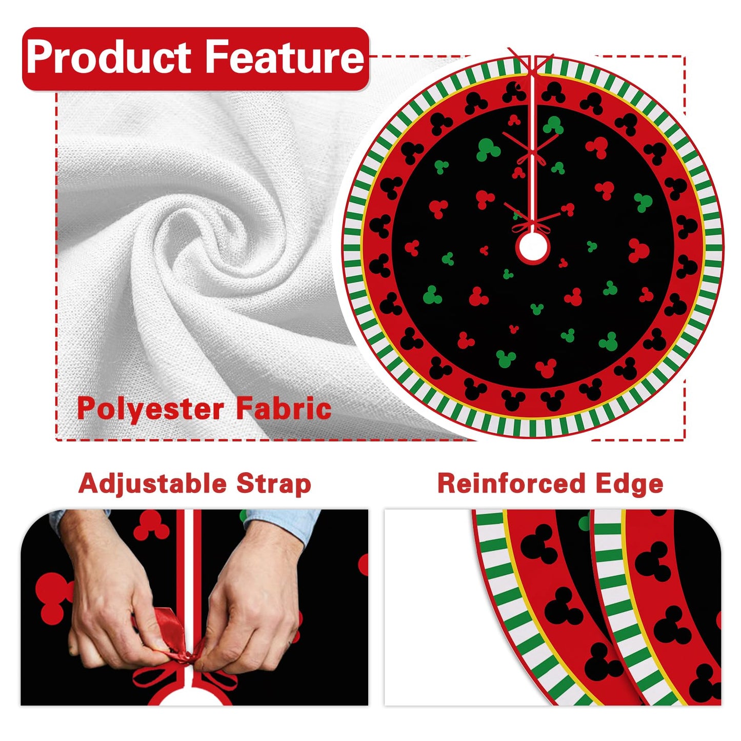 Fzbali Mouse Christmas Tree Skirt 72 Inches Lace-up Extra Large Artificial Black Red Xmas Tree Skirt, Green Stripes Holiday Party Indoor Decoration Home Decor