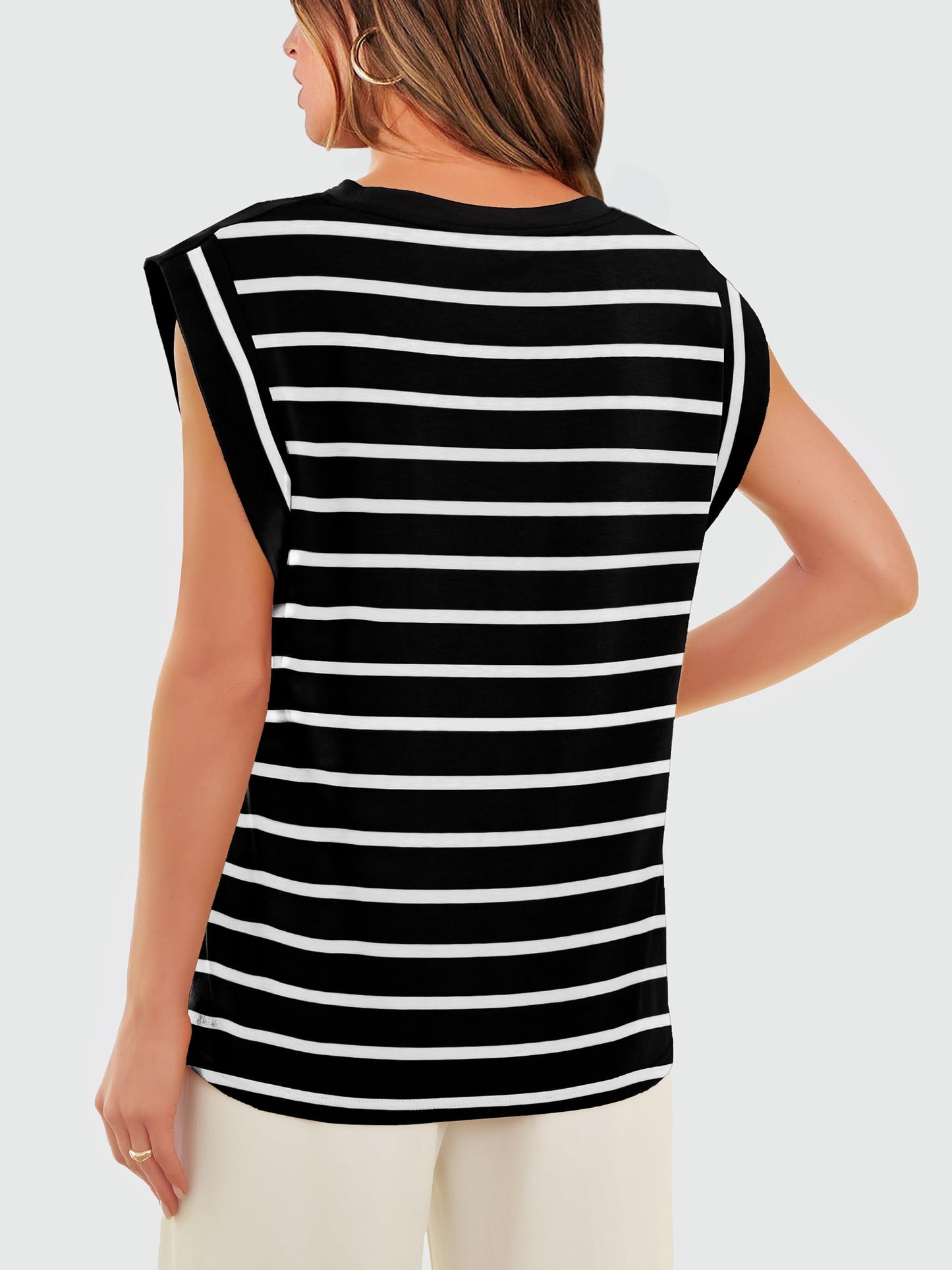 Black and White Striped Shirt Women's T Shirts Cap Sleeve High Neck Tops Trendy Spring Summer Top Dressy Casual Outfits Old Money Clothes 2024 S