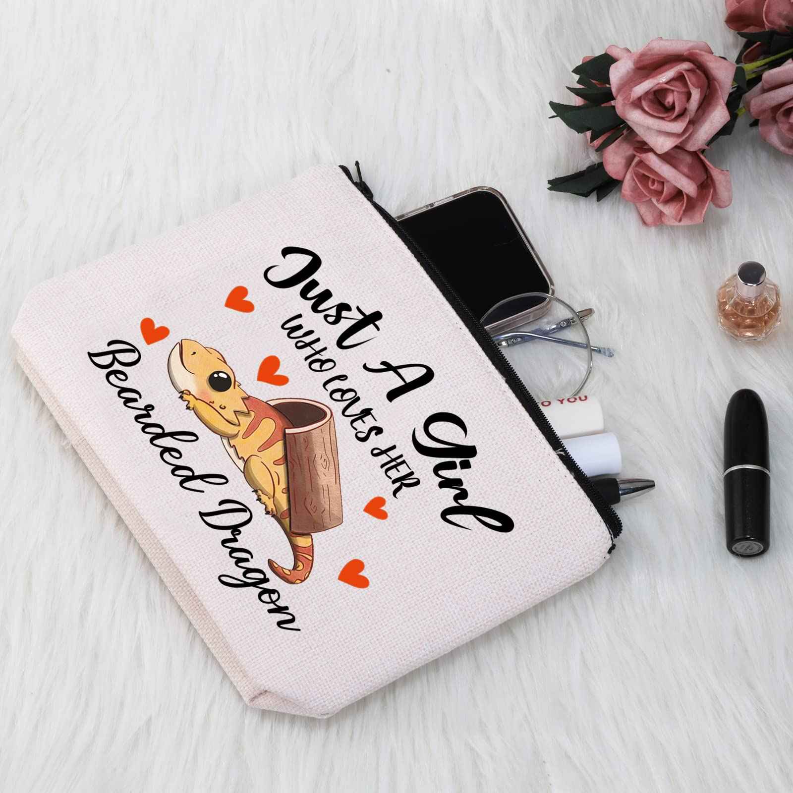 G2TUP Bearded Dragon Lover Gift Who Loves Her Bearded Dragon Makeup Bag Bearded Dragon Mom Cosmetic Bag Lizard Lover Zipper Travel Pouch (Bearded Dragon White Bag)