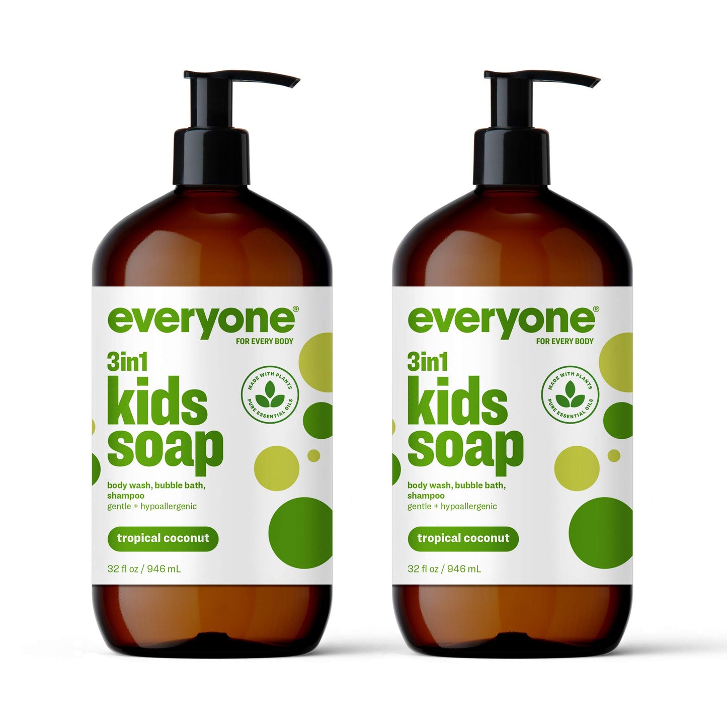 Everyone 3-in-1 Kids Soap, Body Wash, Bubble Bath, Shampoo, 32 Ounce (Pack of 2), Tropical Coconut Twist, Coconut Cleanser with Plant Extracts and Pure Essential Oils