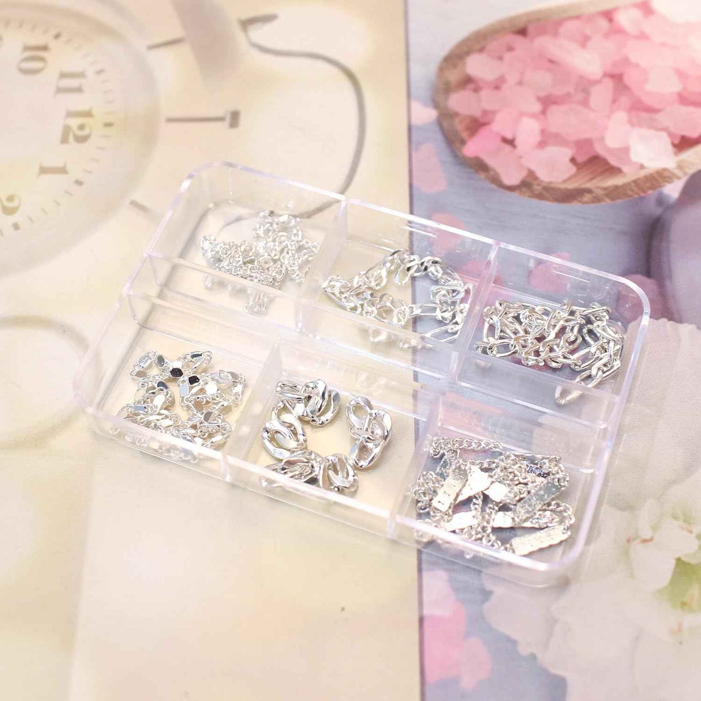 JERCLITY 1 Box 6 Strips Nail Chains for Nail Art Silver Alloy Metal Nail Art Chains Silver Nail Charms Punk Chains for Women