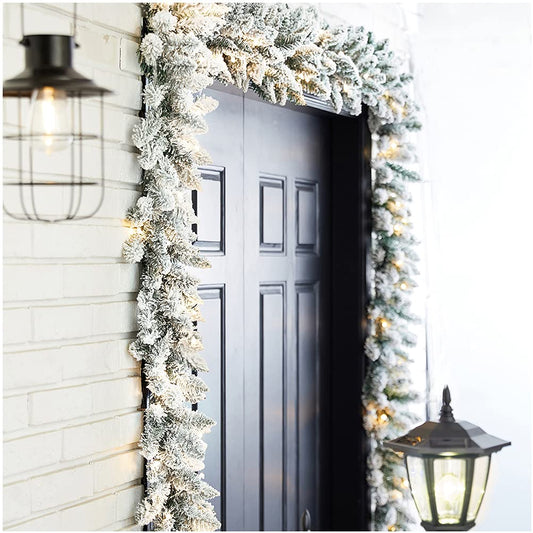 Glitzhome 2PK 9ft Pre-Lit Snow Flocked Christmas Garlands with Warm White LED Light with Timer