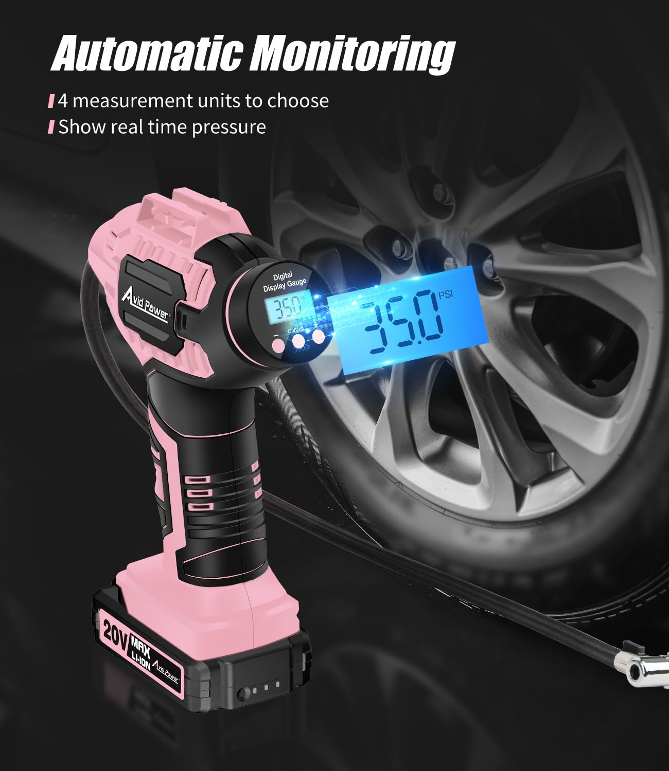 Avid Power Cordless Tire Inflator Air Compressor, 20V Car Tire Pump w/ 12V DC Adapter, Rechargeable Li-ion Battery Operated Tire Compressor w/Digital Pressure Gauge, for Many Inflatables (Pink)