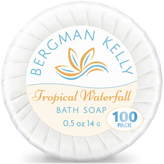 BERGMAN KELLY - Hotel Soap Bars in Bulk - Tropical Waterfall, 0.5 oz, 100 PK - Small Individually Wrapped Round Soap - Travel Size Mini Toiletries for Airbnb, Motel, Guest Bathroom