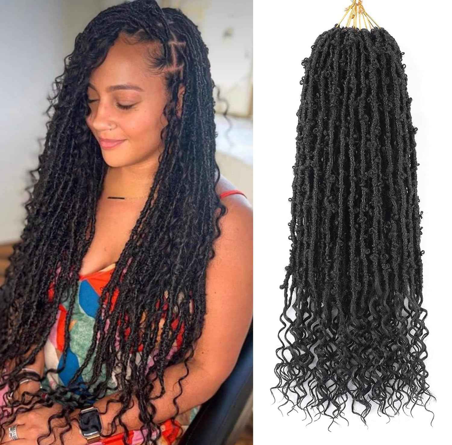 Butterfly Locs Goddess Locs Curly Ends 24 Inch Distressed Faux Locs Synthetic Crochet Hair For Black Women Hair Extensions (24 Inch, 6packs,1#)