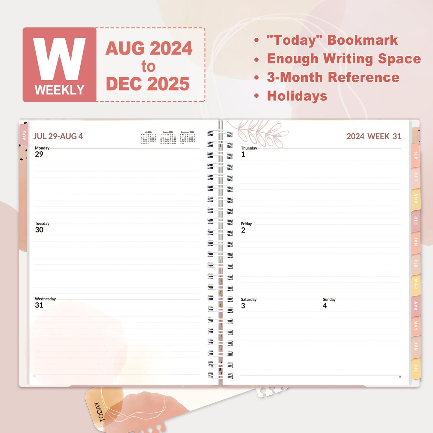 SUNEE Academic Planner 2024-2025 Weekly and Monthly - from August 2024 - December 2025, 6.4"x8.3" School Year Calendar Daily Planner with Monthly Tab, Flexible Cover, Note Pages, Pockets, Bookmark, Spiral Binding, Blushing Abstract Breeze