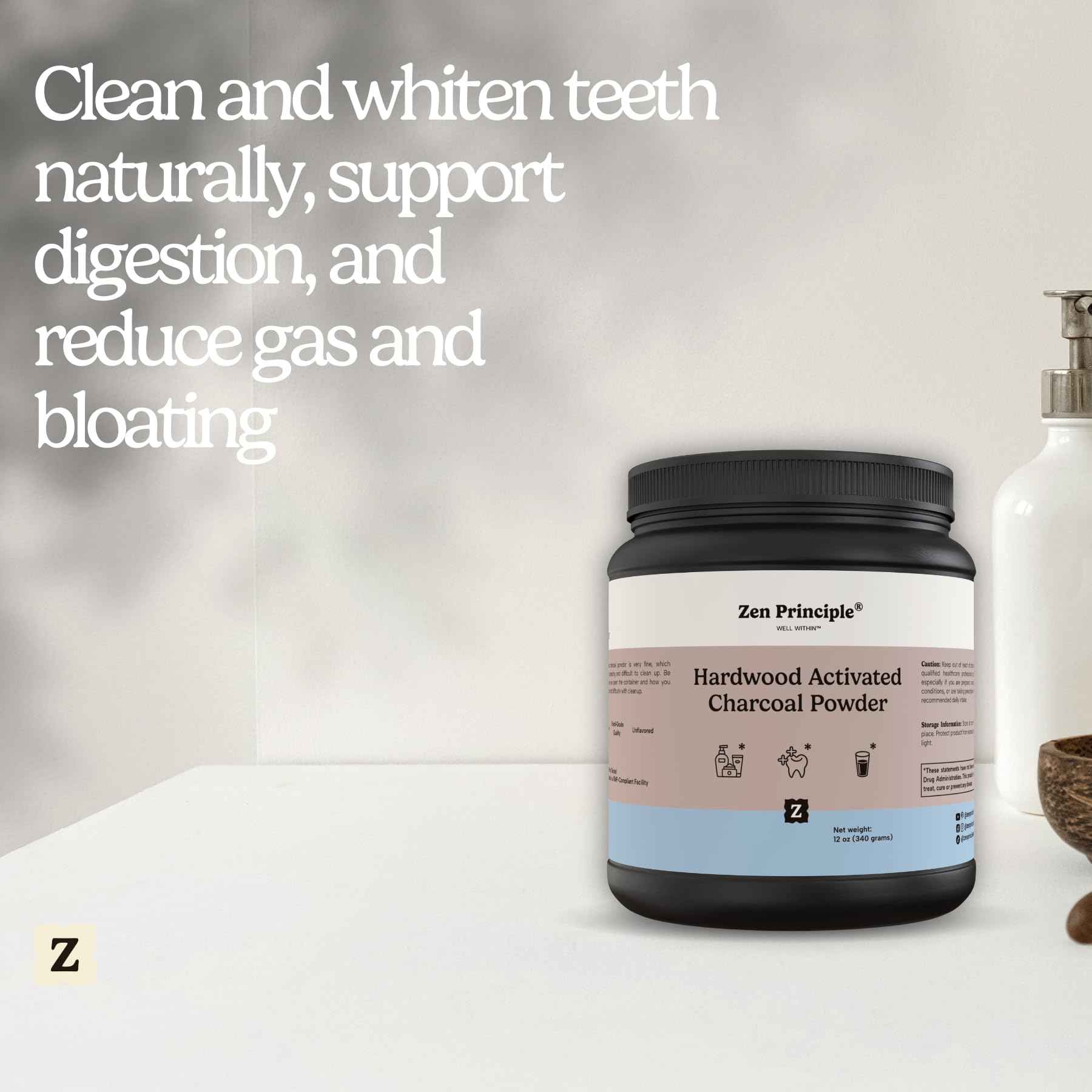 Zen Principle Activated Charcoal Powder only from USA Hardwood Trees. All Natural. Whitens Teeth, Rejuvenates Skin and Hair, Supports Better Digestion. Free Scoop Included. 12 oz.