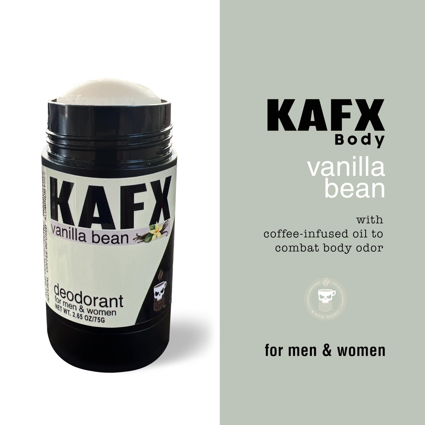 KAFX Body Natural Deodorant for Women & Men - Vanilla Bean, Odor-Fighting Coffee Oil, Organic, Baking Soda & Aluminum-Free, Paraben & Dye-Free, 2 Pack, 2.65 oz/75 g