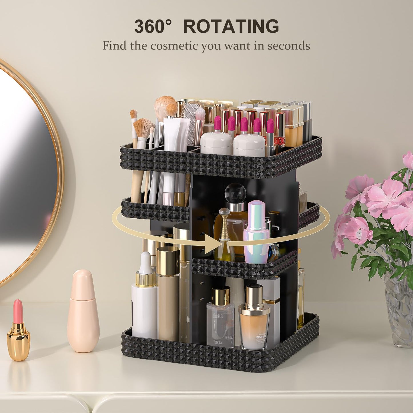 HEMTROY Rotating Makeup Organizer with Makeup Brush Holder, Large Capacity Perfume Organizer for Vanity Countertop, Acrylic Skincare Organizers Spinning Holder Storage Rack (Black)