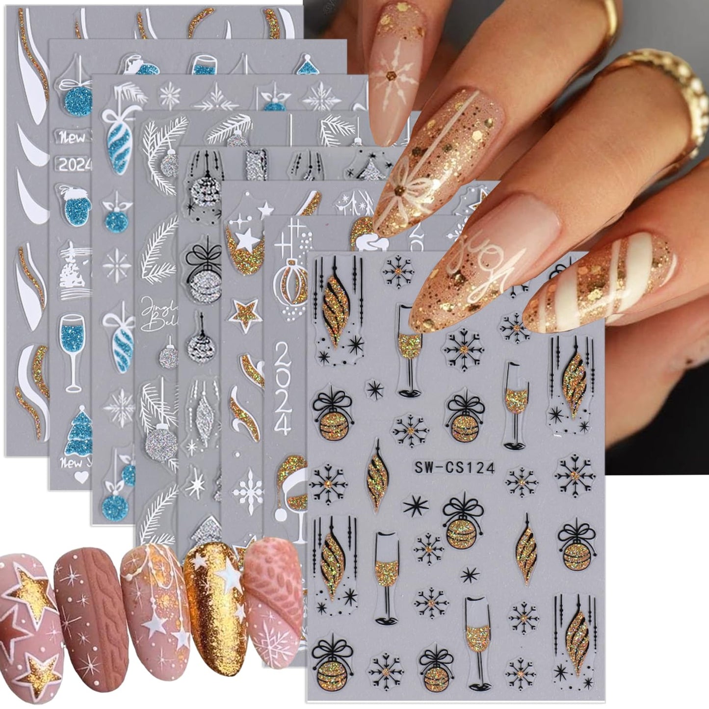 Christmas Nail Art Stickers 3D Winter Snowflake Nail Decals Self-Adhesive Gold Line Snow Ball Nail Design Charm DIY Christmas Nails Decorations French Holiday Nail Stickers for Women Girls 8 Sheets