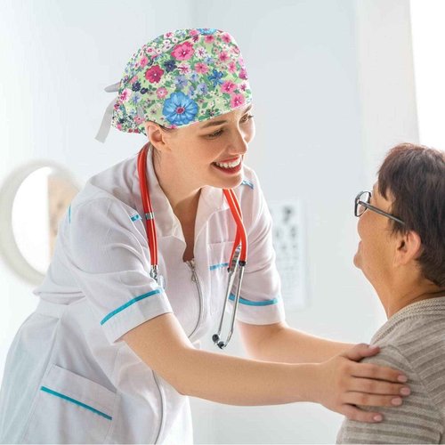Spring Flowers Scrub Cap, Adjustable Working Cap with Button, Bouffant Caps with Bow Hair Scrunchy