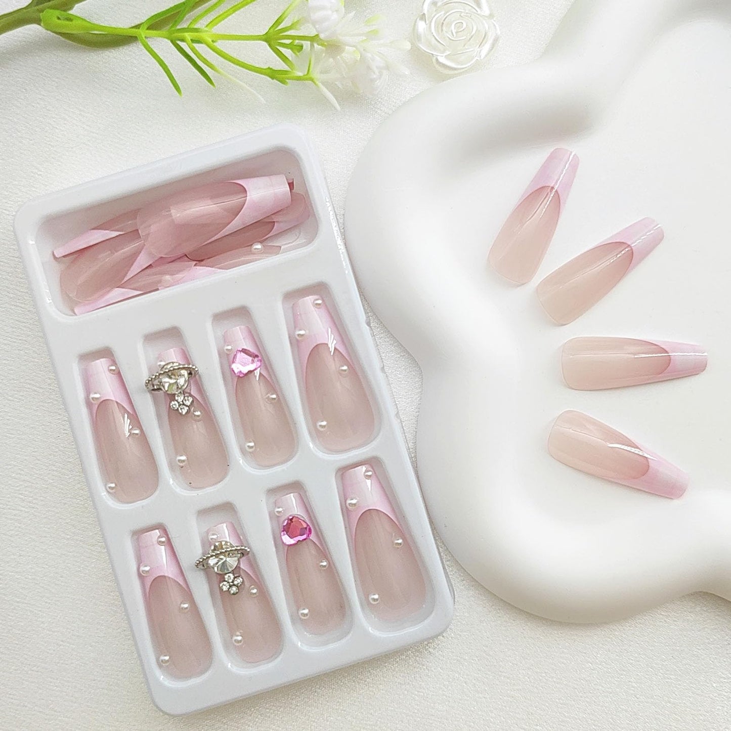 Pink French Tip Press on Nails Long Coffin False Nails Valentines Heart Exquisite Fake Nails Nude Translucent Acrylic Nails Pearls and Big Rhinestones Glue on Nails for Women 24Pcs