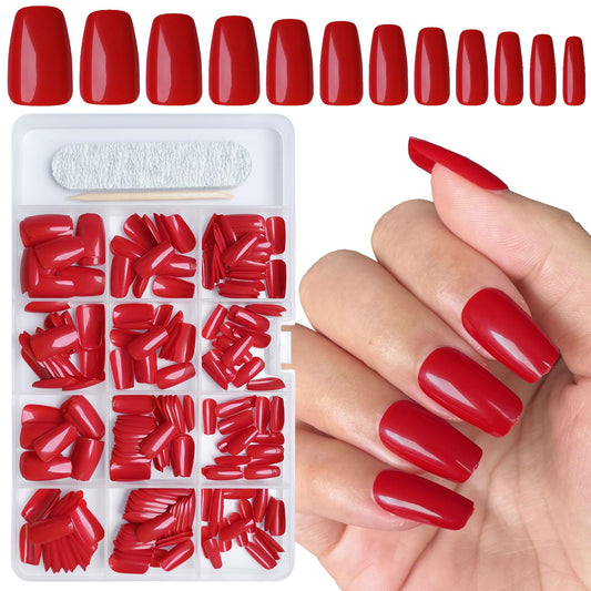 AddFavor 300pcs Coffin Press on Nails Medium Fake Nails Red Nails Glossy Ballerina Square Nail Press on Acrylic False Nail for Women Girls