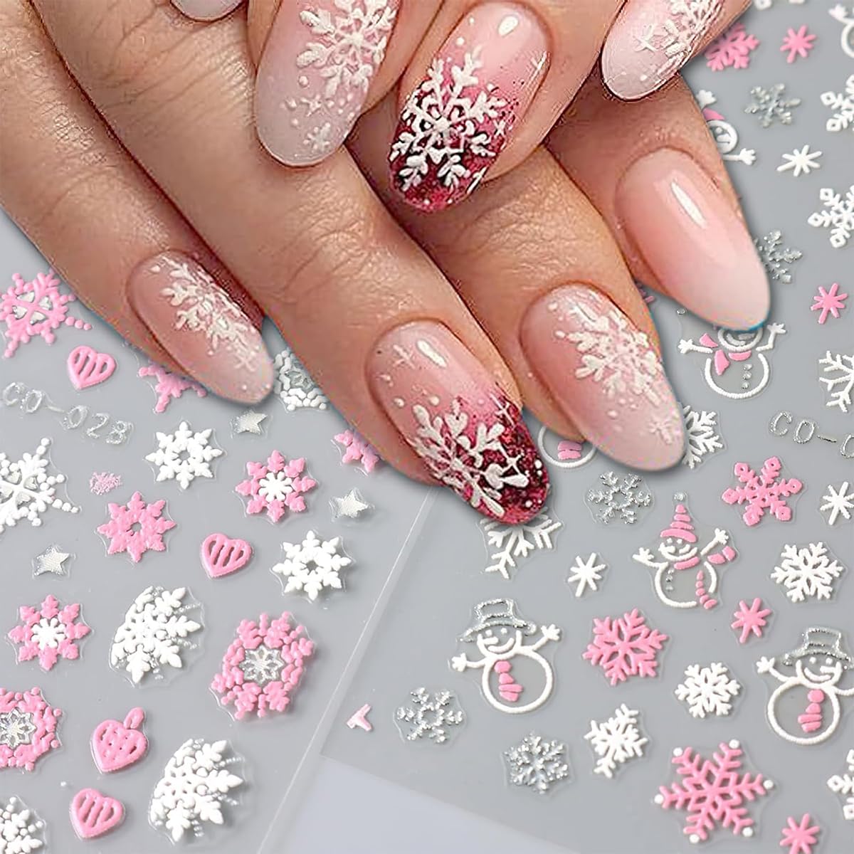 12 Sheets Christmas Nail Art Stickers 5D Self-Adhesive Pink Snowflake Nail Decals Xmas Bell Elk Nail Art Design Stickers Winter Holiday Nail Stickers for Women Girls DIY Acrylic Manicure Supplies