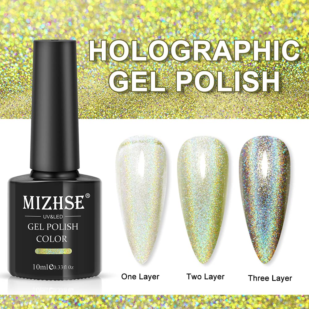 MIZHSE Green Holographic Gel Nail Polish, Laser Gel Nail Polish with Glitter Glossy Mermaid Unicorn Effect, Curing Required Nail Art Manicure Salon DIY at Home, 1PC 10Ml