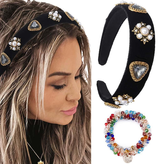 Firuilo Baroque Wide Headband Pearl Rhinestones Hairband Sparkly Big Crystal Hair hoop with Beaded Hair Ties Black Velvet Head bands for Women