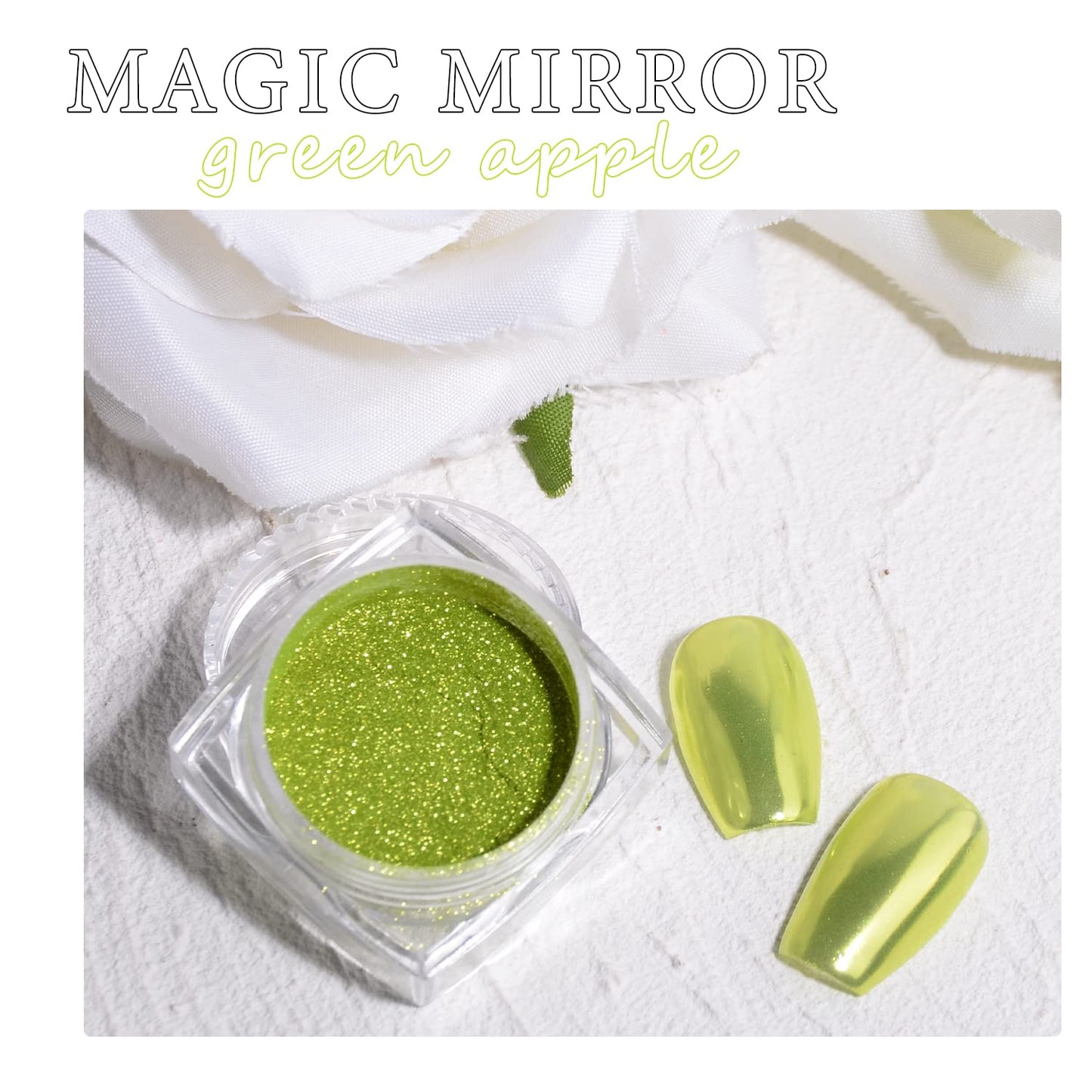 Green Chrome Nail Powder, 2 Jars Nail Art Magic Mirror Powder Chrome Pigment Powder Green Apple Raisins Chrome Nail Powder Manicure Tips with Sponge Applicators