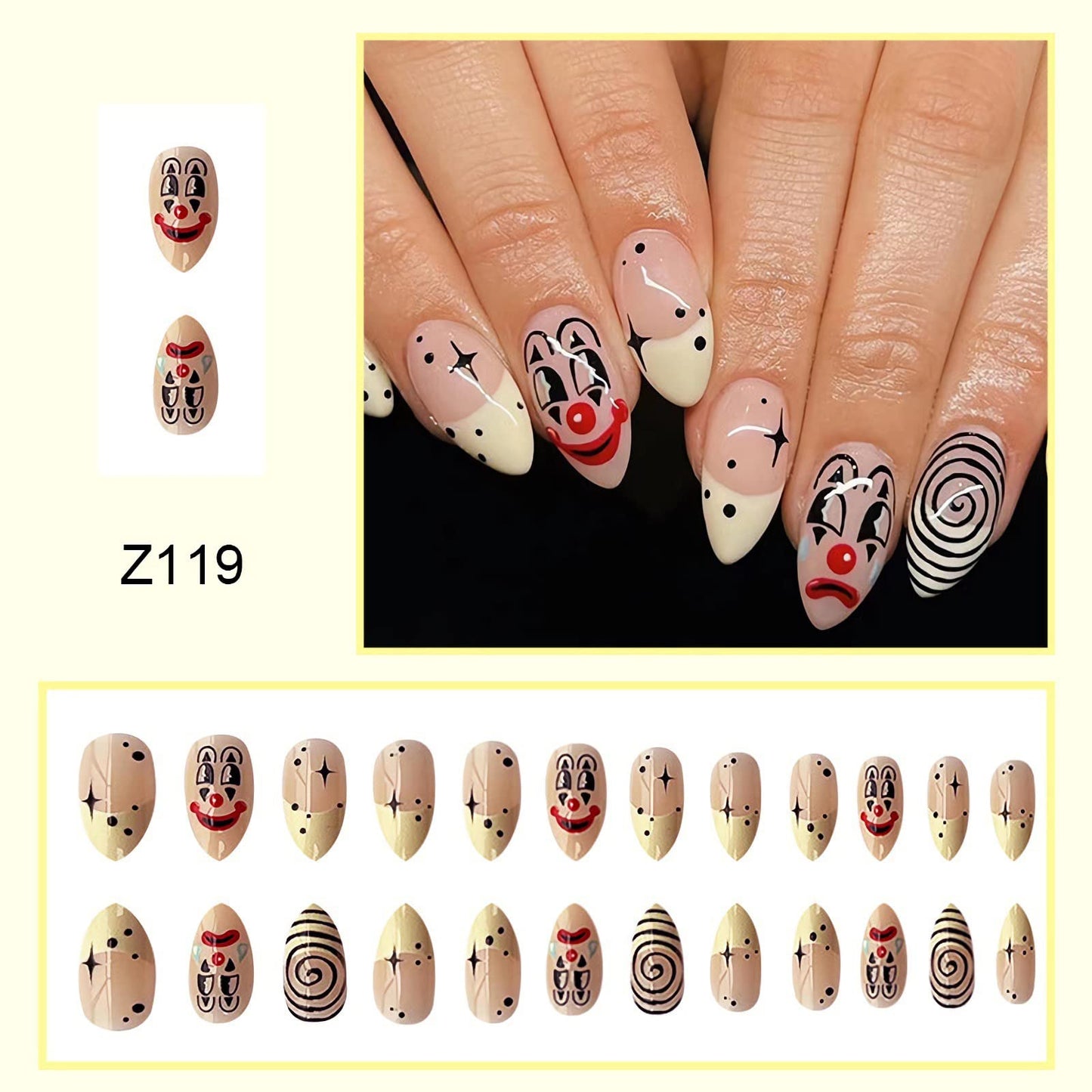 Cute Press on Nails Short Almond Fake Nails Full Cover False Nails Star Funny Fake Black Swirls Acrylic Nails French Tip Press on Nails Short Stick on Nails for Women and Girls Nail Decoration 24Pcs