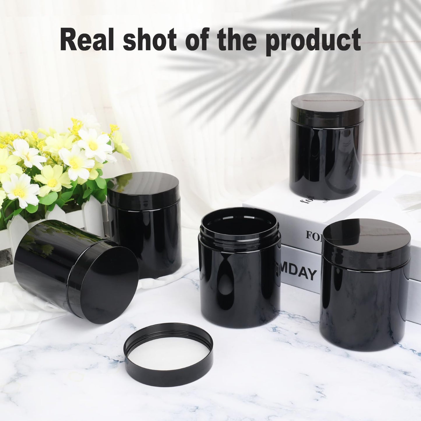 48 Packs 8 oz (250 ml) Black Plastic Jars with Lids, Cosmetic jars with Wide-Mouth for slime, beads, rhinestones, sequins Cosmetics, Lotion, Cream, Ointments and More by KUKLIPJIM.