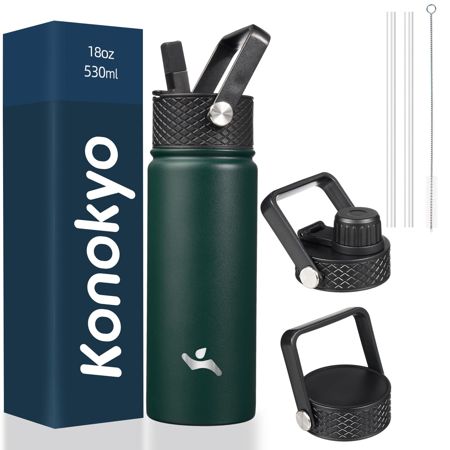 Konokyo Insulated Water Bottle with Straw,18 oz 3 Lids Metal Bottles Stainless Steel Water Flask,Army Green