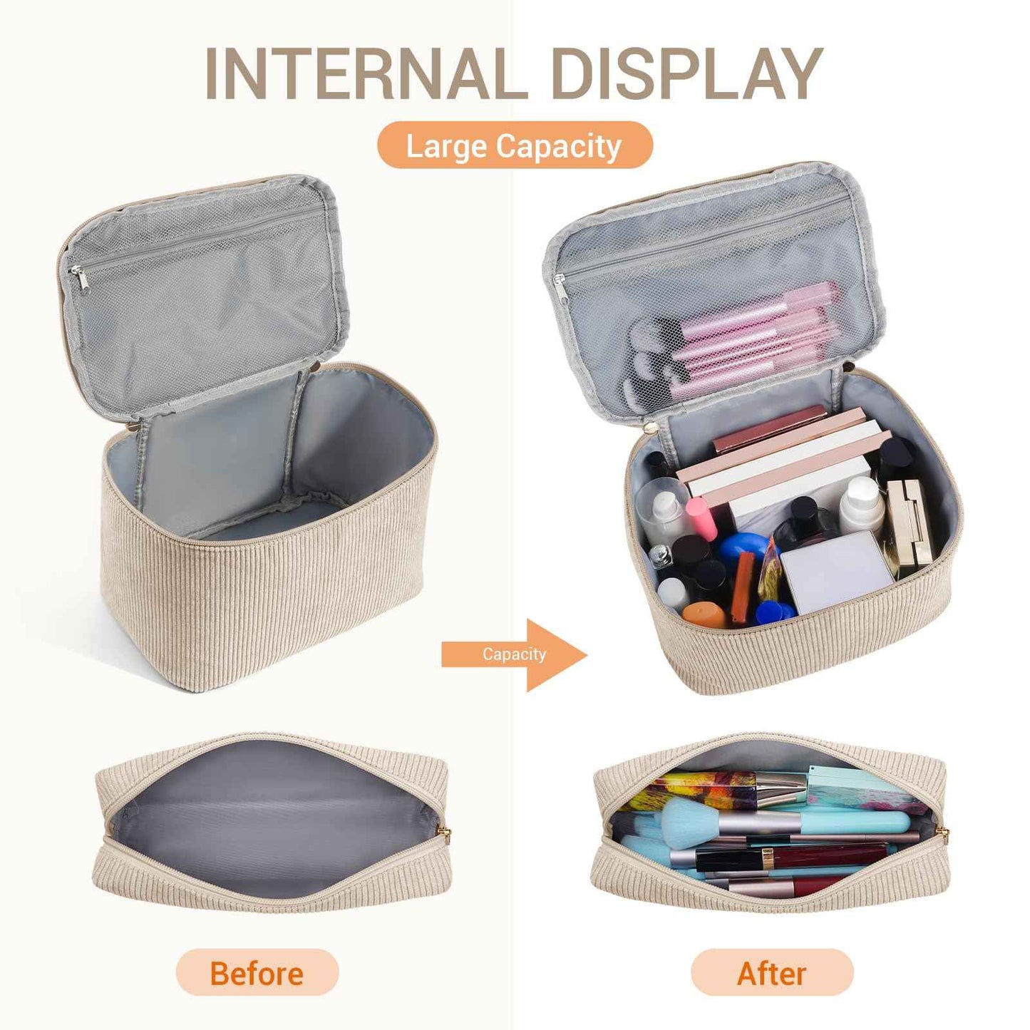 MAGEFY 2Pcs Makeup Bag,Cosmetic Bag Large Capacity with Handle Small Makeup Bag for Purse, Travel Makeup Pouch for Women,Beige