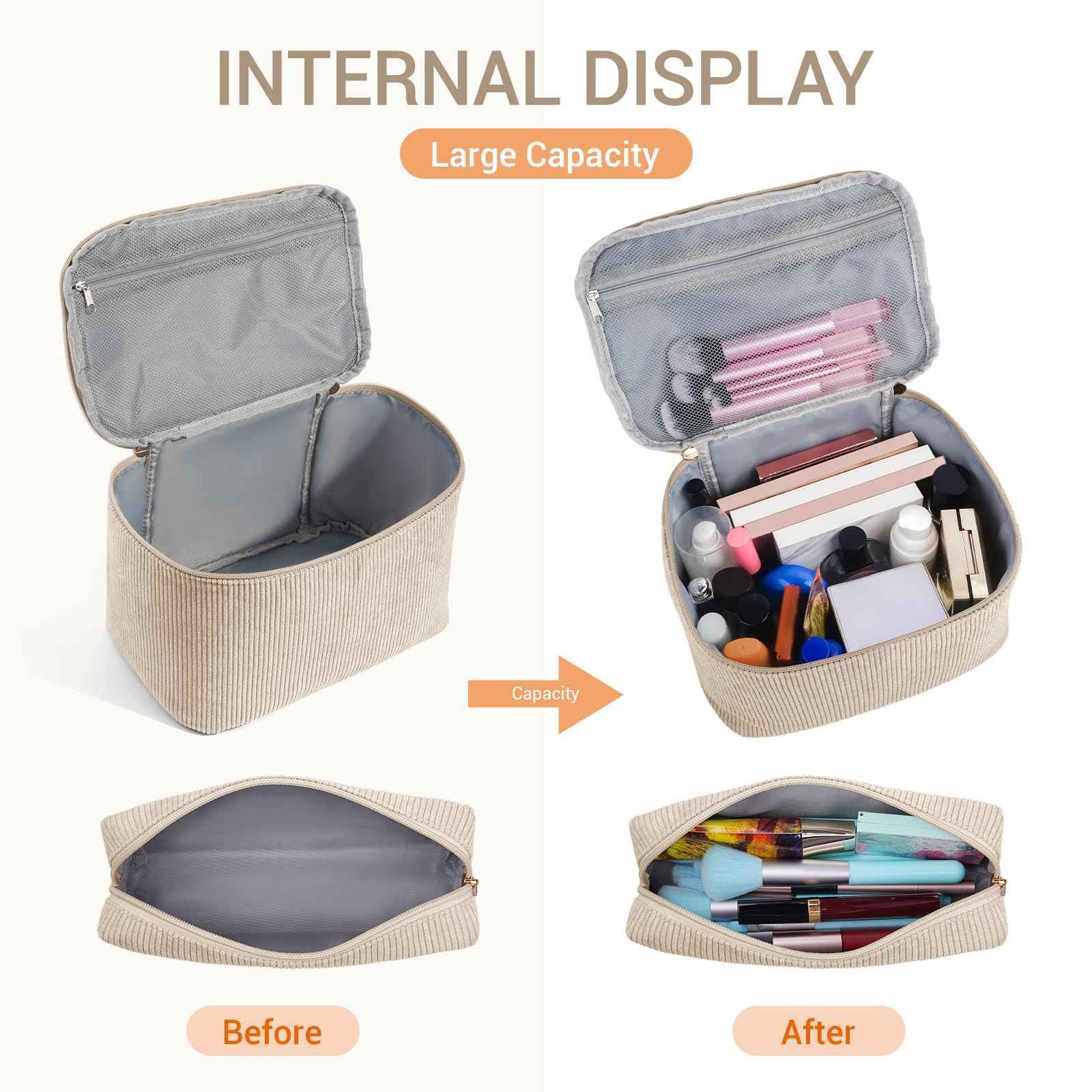 MAGEFY 2Pcs Makeup Bag,Cosmetic Bag Large Capacity with Handle Small Makeup Bag for Purse, Travel Makeup Pouch for Women,Beige