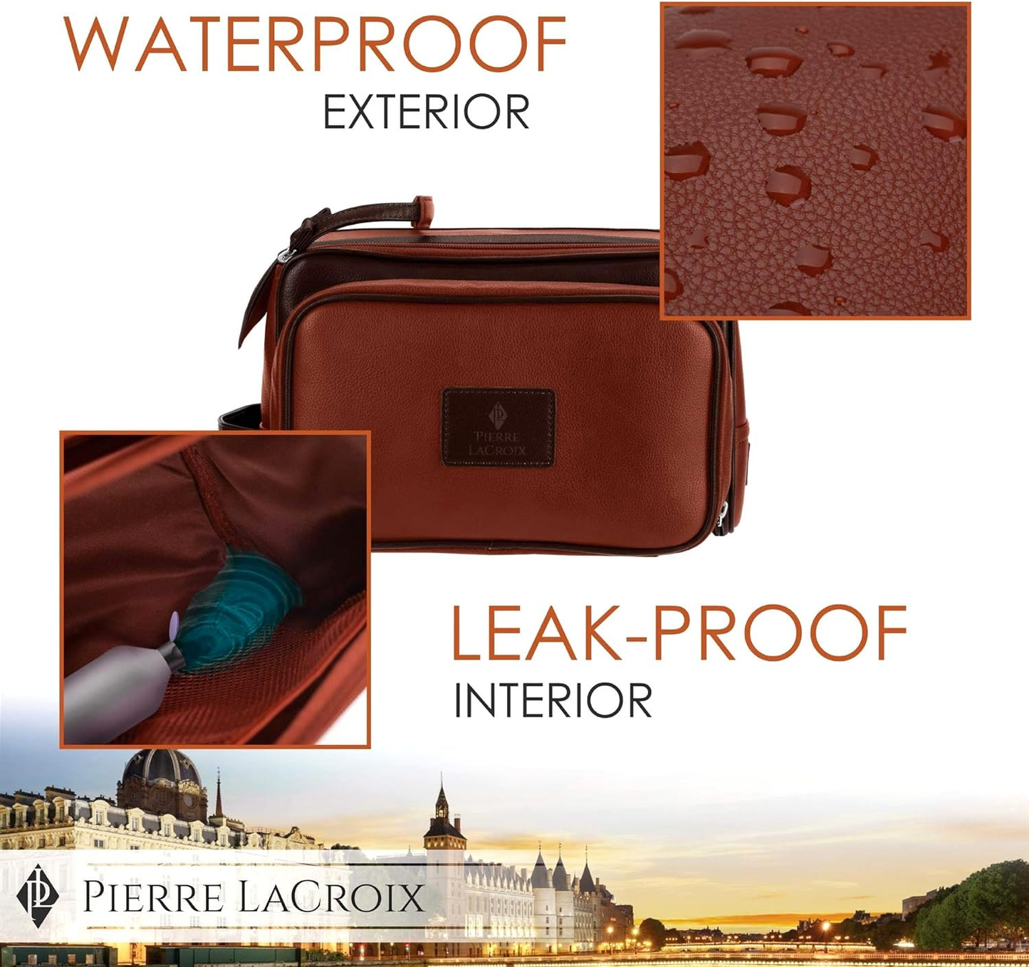 Cruelty-Free Leather Travel Toiletry Bag/Dopp Kit by Pierre LaCroix | Hand-Stitched Using Premium PU Leather and YKK Zippers | Leak Proof | (11"x7"x7")