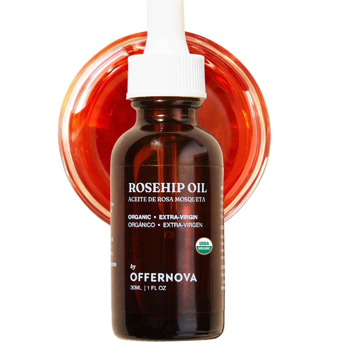 Offernova Organic Rosa de Mosqueta Oil- USDA Certified Rosehip Seed Oil Pure Cold Pressed, Repairs & Brightens Skin - Gua Sha Massage, Face, for All Skin Types - Aceite Facial 1OZ