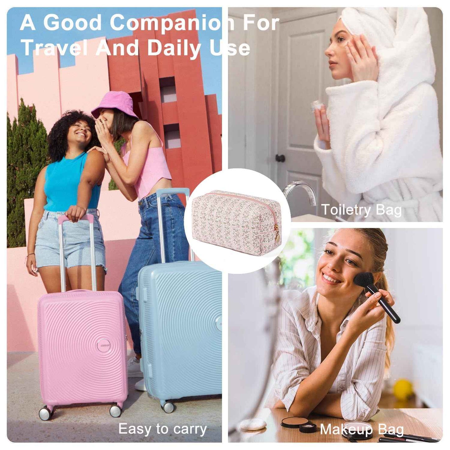 Gleyemor 2 Pieces Quilted Makeup Bag, Cute Floral Cosmetic Bag for Women, Cotton Make Up Bag Set, Flower Travel Toiletry Bag Tote Pouch Organizer (Pink Floral+ Pink Rose)