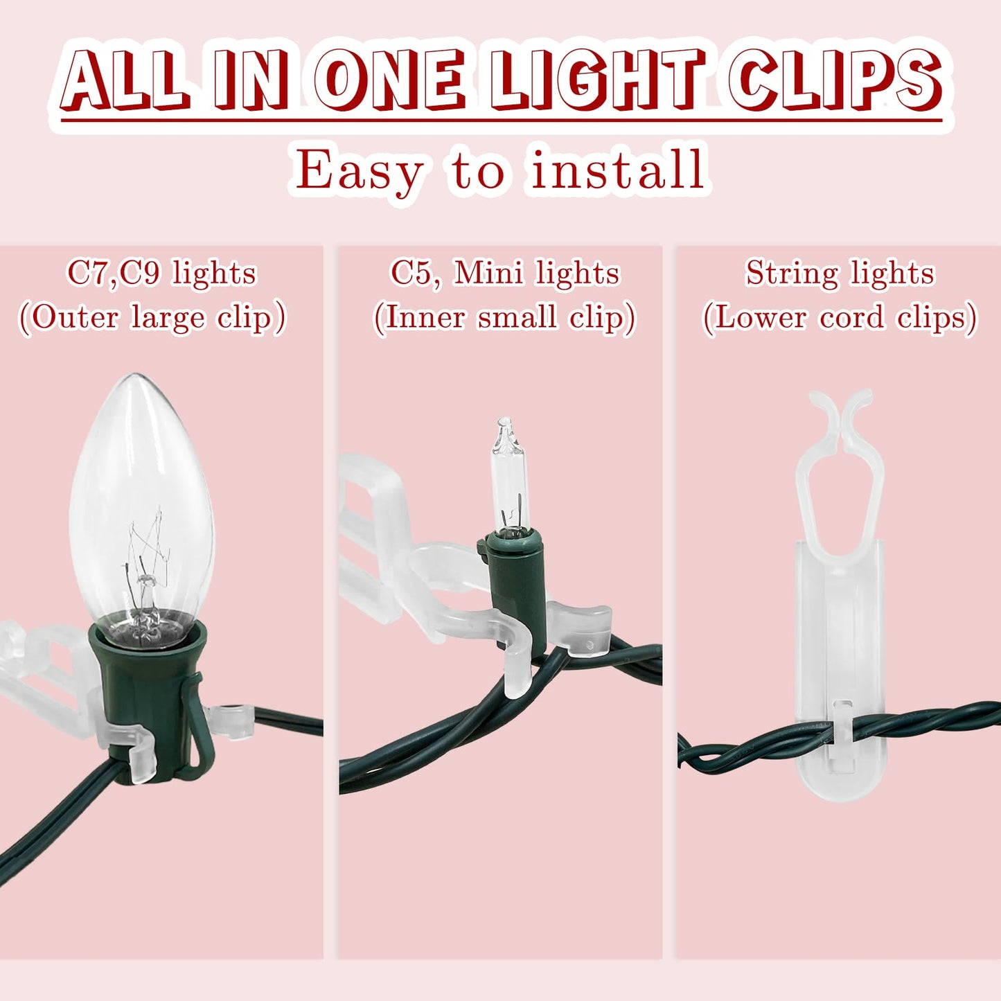 CXLHO Christmas Light Clips All in One Clips 200Pack, Universal Gutter and Shingle Clip Hooks for Hanging C7, C9 and Mini Lights, Outdoor Xmas Holiday Light Hanger Clips Outside, No Tools Required