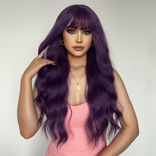 BERON Purple Long Wigs Women's Wavy Wigs with Bangs Dark Purple Curly Synthetic Wigs for Cosplay Party Wigs Wig Cap Included