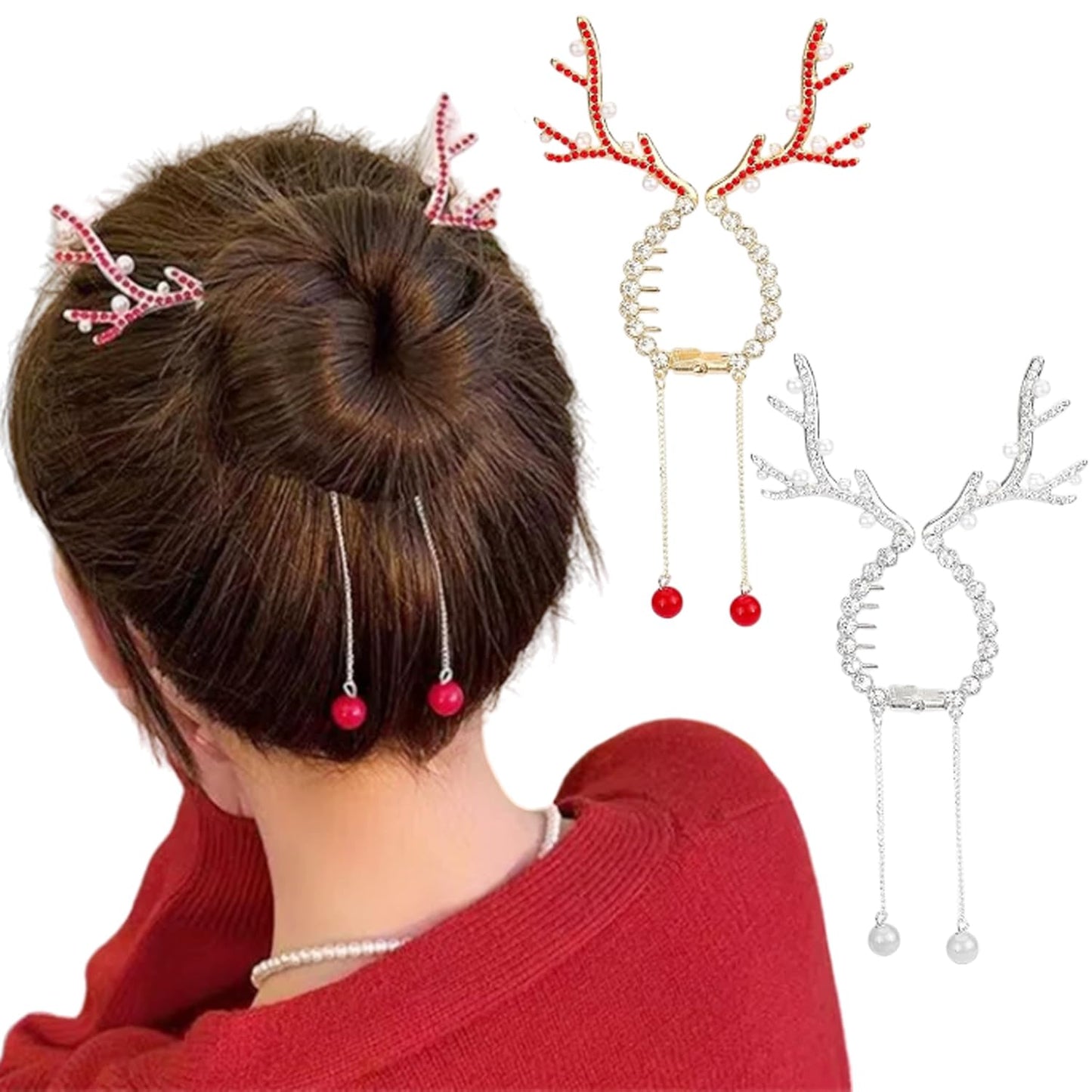 2Pcs Christmas Hair Clips Winter Reindeer Ponytail Bun Holder Metal Elk Hair Claw Clip for Ponytail Hairstyle Christmas Hair Accessories with Rhinestone Pearl Design Reindeer Claw Clips for Women Kids