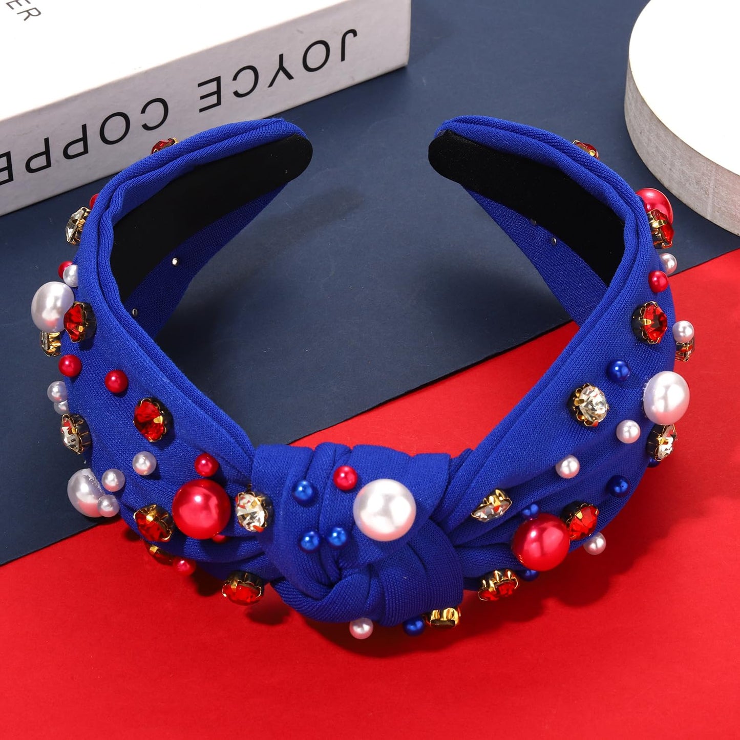 GLBCC American Flag Headband USA Red White Blue Pearl Rhinestone Jeweled Knotted Hairband 4 th of July Patriotic Fashion Wide Top Knot Headband Summer Party Hair Accessories