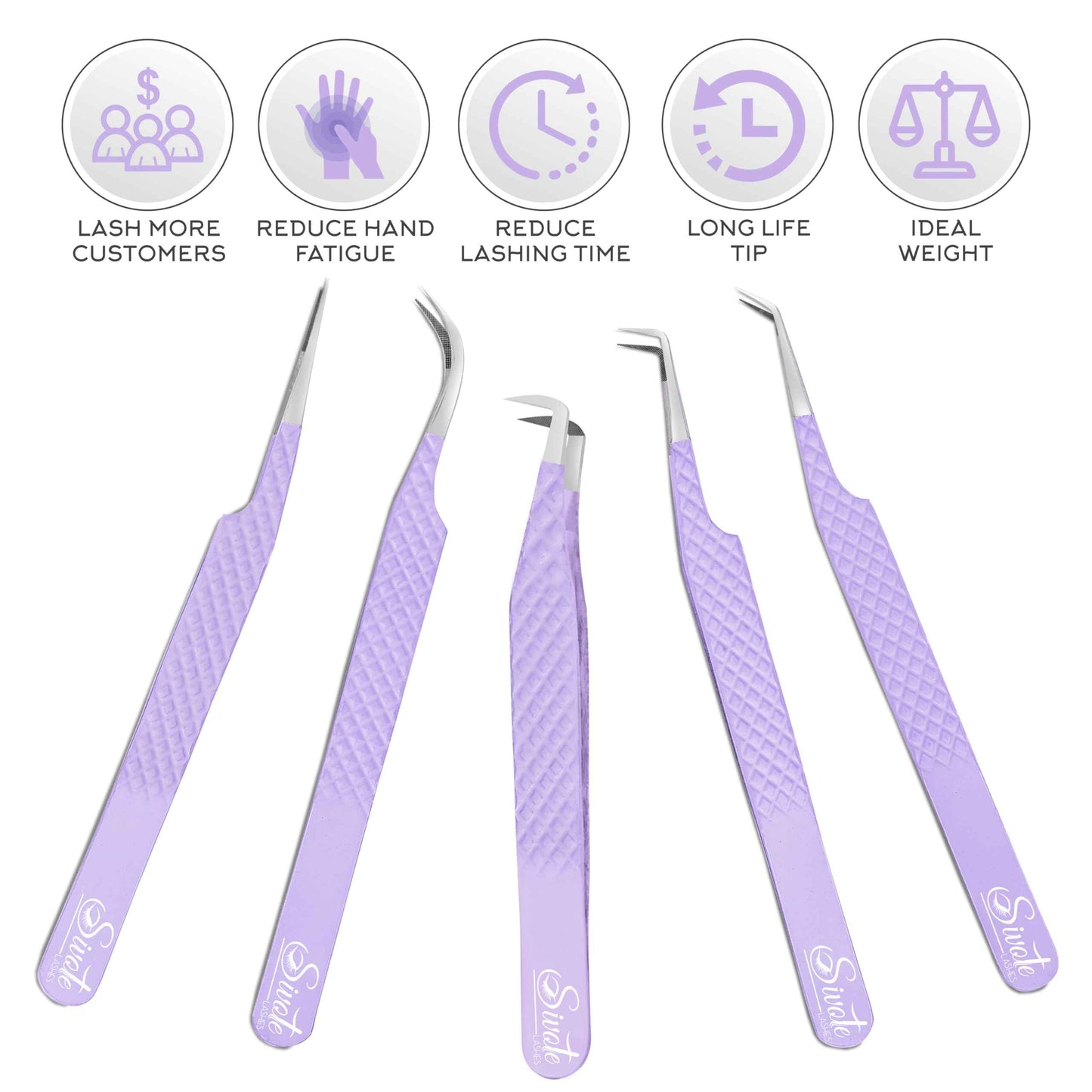 SIVOTE Lash Tweezers for Eyelash Extensions, Pack of 5 Purple – Lash Extension Tweezers Set with Diamond Grip, Precision Fiber Tip for Volume Eyelash Extensions