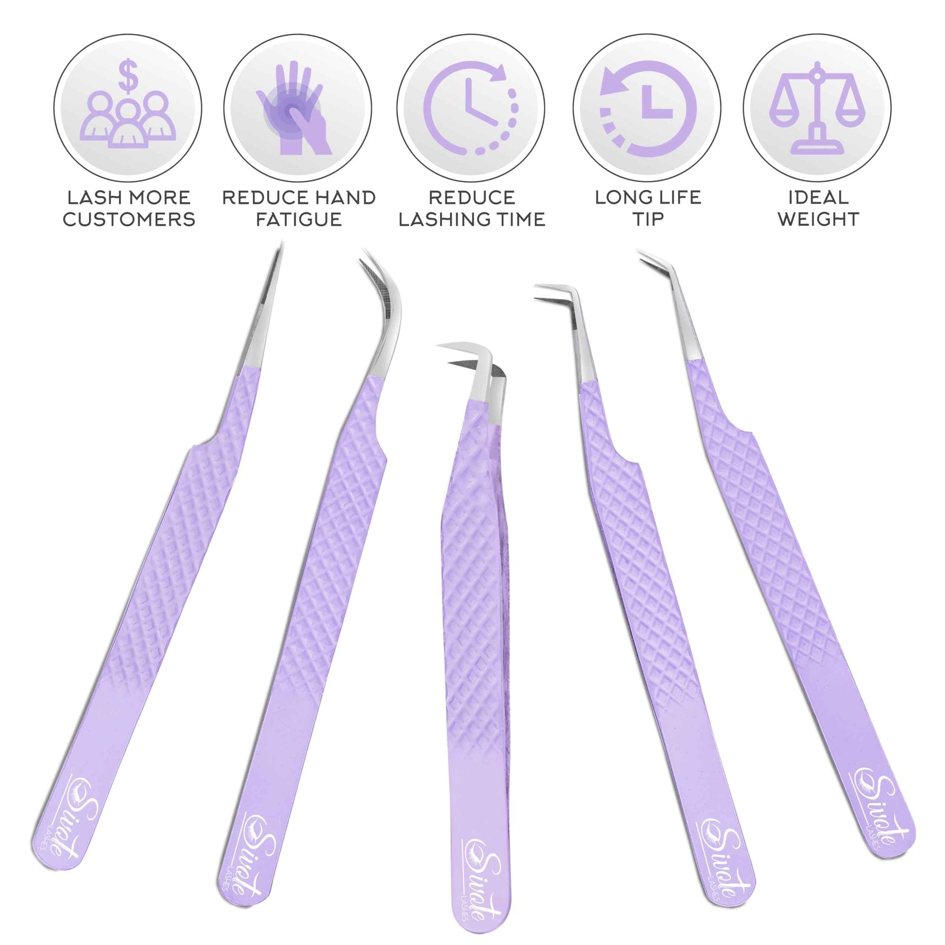 SIVOTE Lash Tweezers for Eyelash Extensions, Pack of 5 Purple – Lash Extension Tweezers Set with Diamond Grip, Precision Fiber Tip for Volume Eyelash Extensions