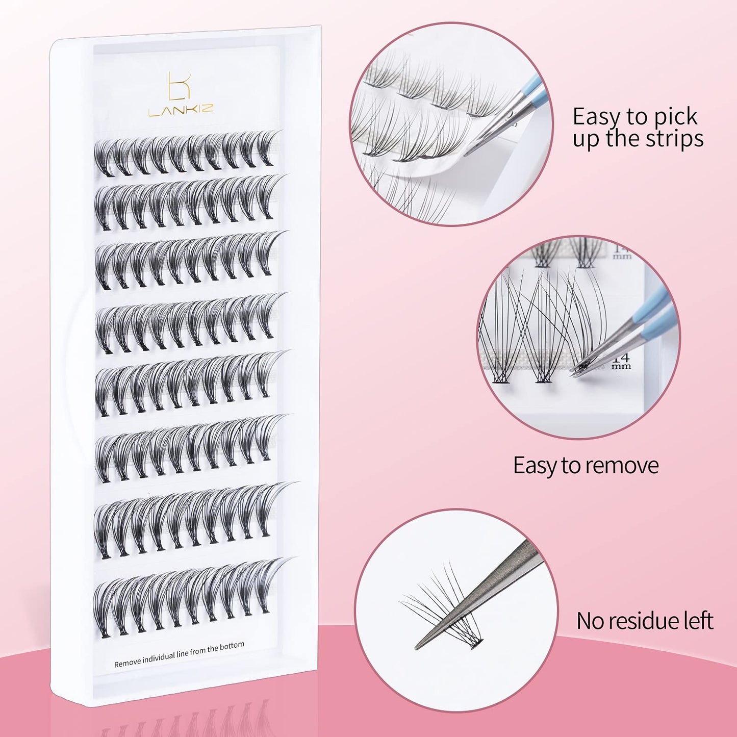 LANKIZ Individual Lashes Natural Cluster Lashes 10 Roots C Curl 0.1mm Thickness 8-14mm Mix Faux Mink DIY Individual Eyelashes