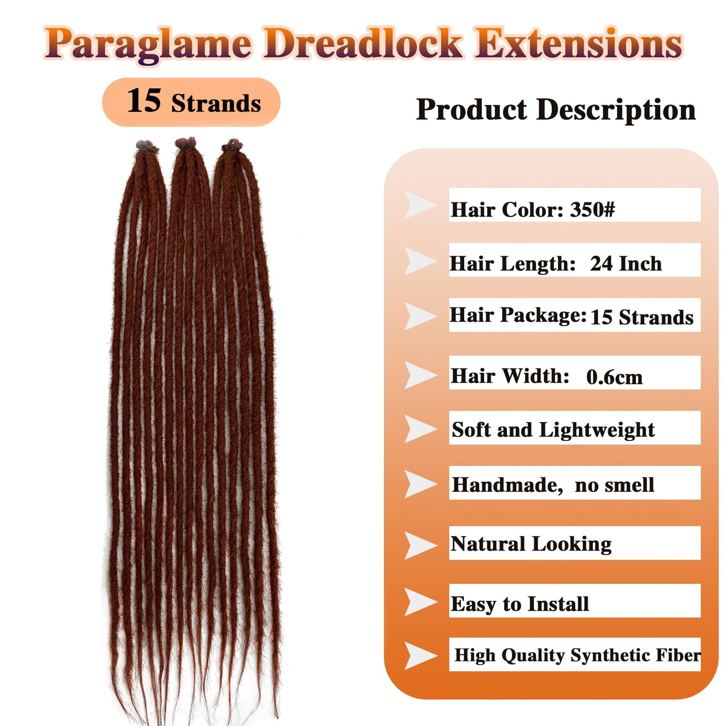 Paraglame 24 Inch Copper Red Dreadlocks Extensions Thick 0.6cm Crochet Dreads of Synthetic Hair 15 Strands Ginger Color Single Ended Hippie Dreads For Women (350#, 15Strands)