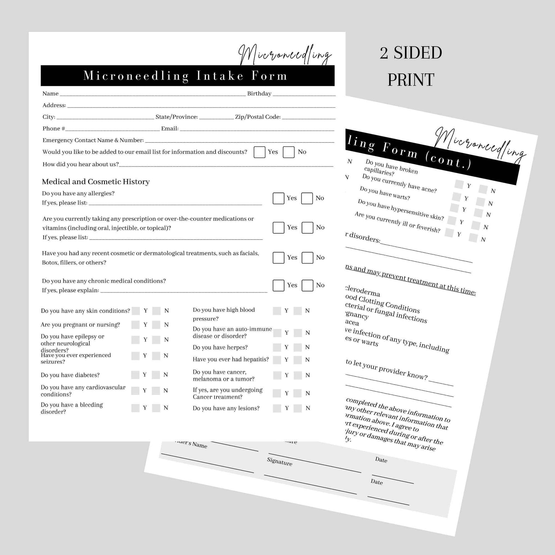 Microneedling Intake Forms, Consent, Aftercare Instructions | 75pk 25 of Each | Skin Rejuvenating Microneedling | Anti Aging, Anti Wrinkle | 8.5 x 11” Client Intake Signature Minimalist Black White