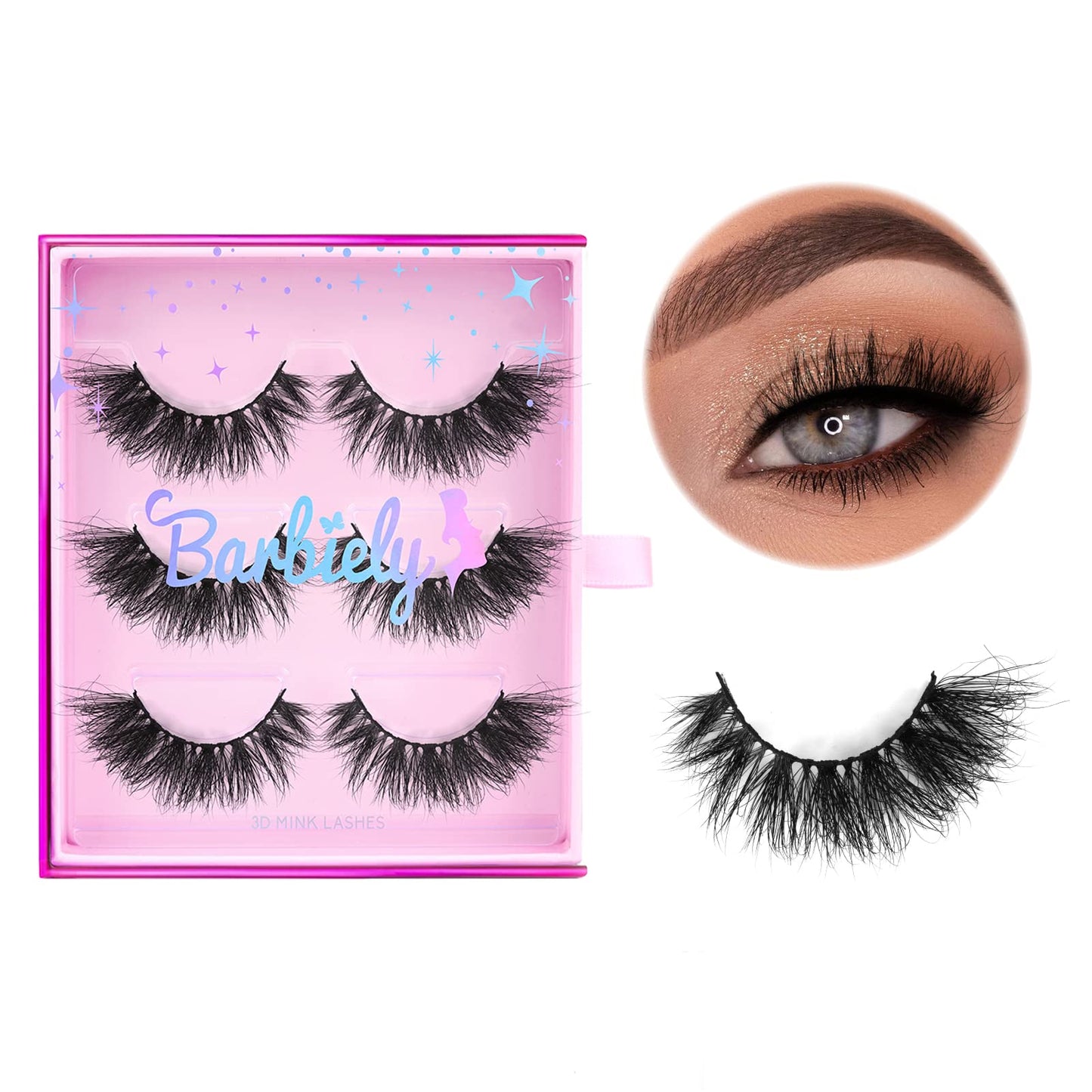 Barbiely 20MM Mink Eyelashes, 3 Pairs 3D Mink Lashes, False Eyelashes Natural Look, Super Fluffy Full Strip Lashes Caat-Eye Mink Lashes, 100% Handmade & Cruelty-Free Fluffy Volume Wispy Lashes(VIP)