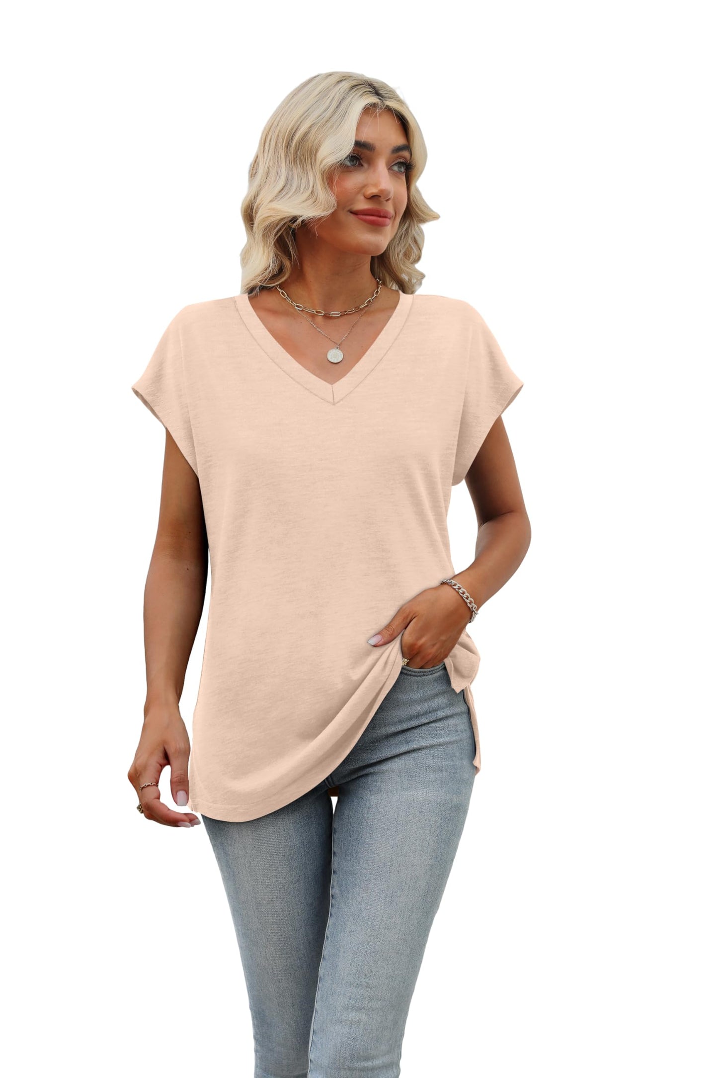 Womens Short Sleeve 2024 Summer Tops Trendy V Neck Basic Tees Loose Fit Shirts Apricot S