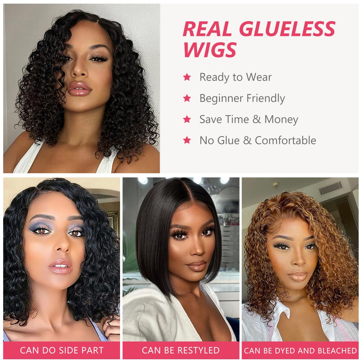 Smilegirl Glueless Bob Wigs Human Hair Pre Plucked Pre Cut Short Curly Human Hair Wigs for Black Women 5x5 HD Lace Closure Deep Wave Wear and Go Glueless Wigs 200% Density (12 Inch)