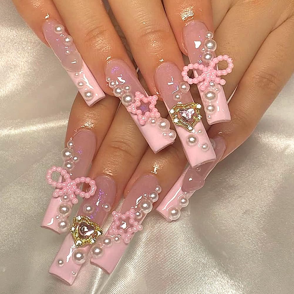 Long Press on Nails Pink French Tip Long Fake Nails Coffin Press on Nails Square False Nails with Pearl Bow Diamond Star Charm Design Acrylic Nails Press on Artificial Nails Stick on Nails For Women