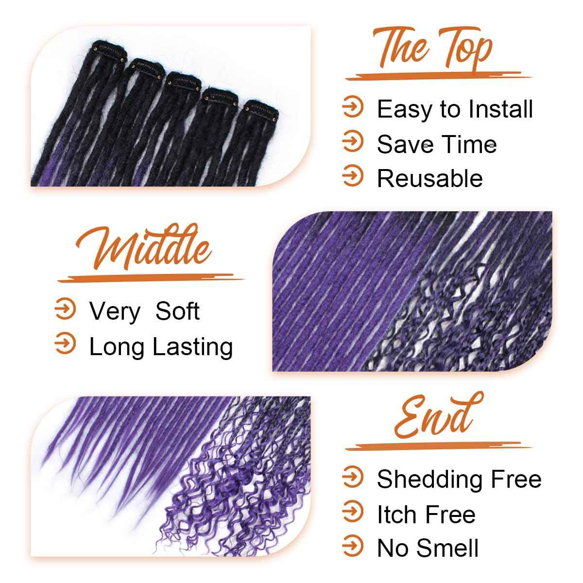 Sangtok 10 PCS Mixed Clip in Dreadlock Extensions, 24 inch Synthetic Dreads Extensions, Thin Straight Dreadlock for Women, 1b-purple