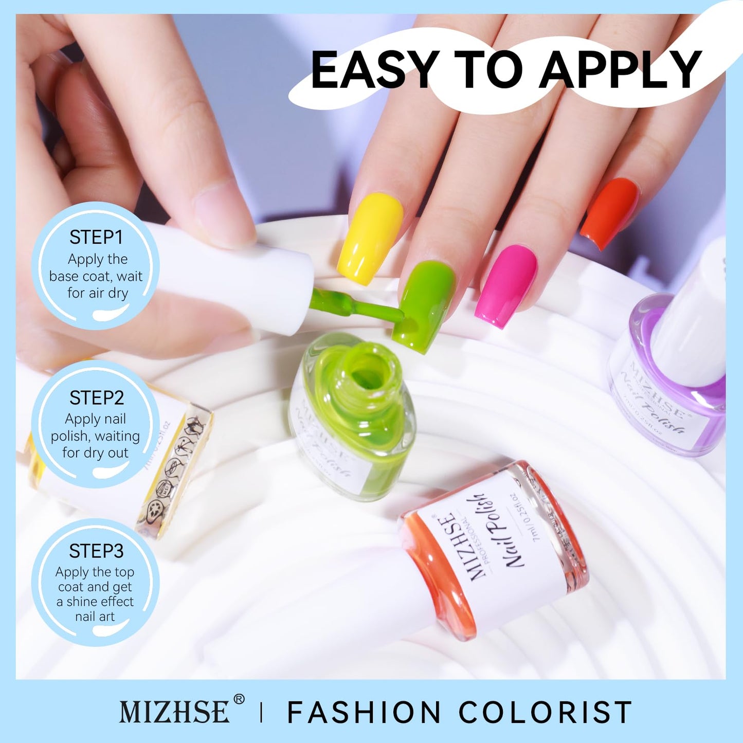 MIZHSE Nail Polish Set Bright Summer Colors Quick Dry Nail Polish for Women Girls, Green Purple Rose Pink Yellow Air Dry Fingernail Polish Manicure for DIY Nail Art Salon, Ideal Non-Gel Gift Set