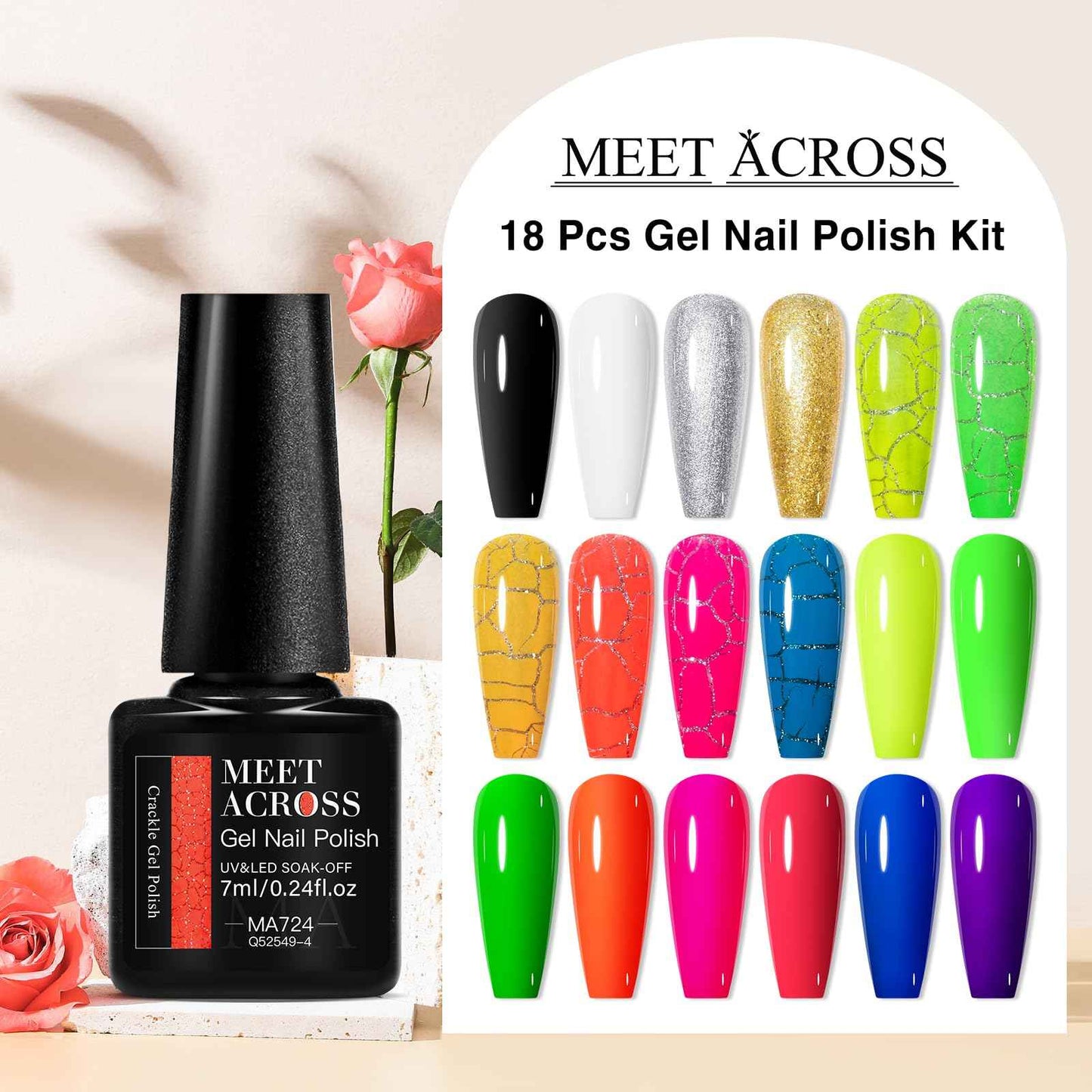 MEET ACROSS Neon Crackle Gel Nail Polish With Black White Sliver Glod Gel+ Glow in the Dark Gel Polish Kit 18Pcs*7ml