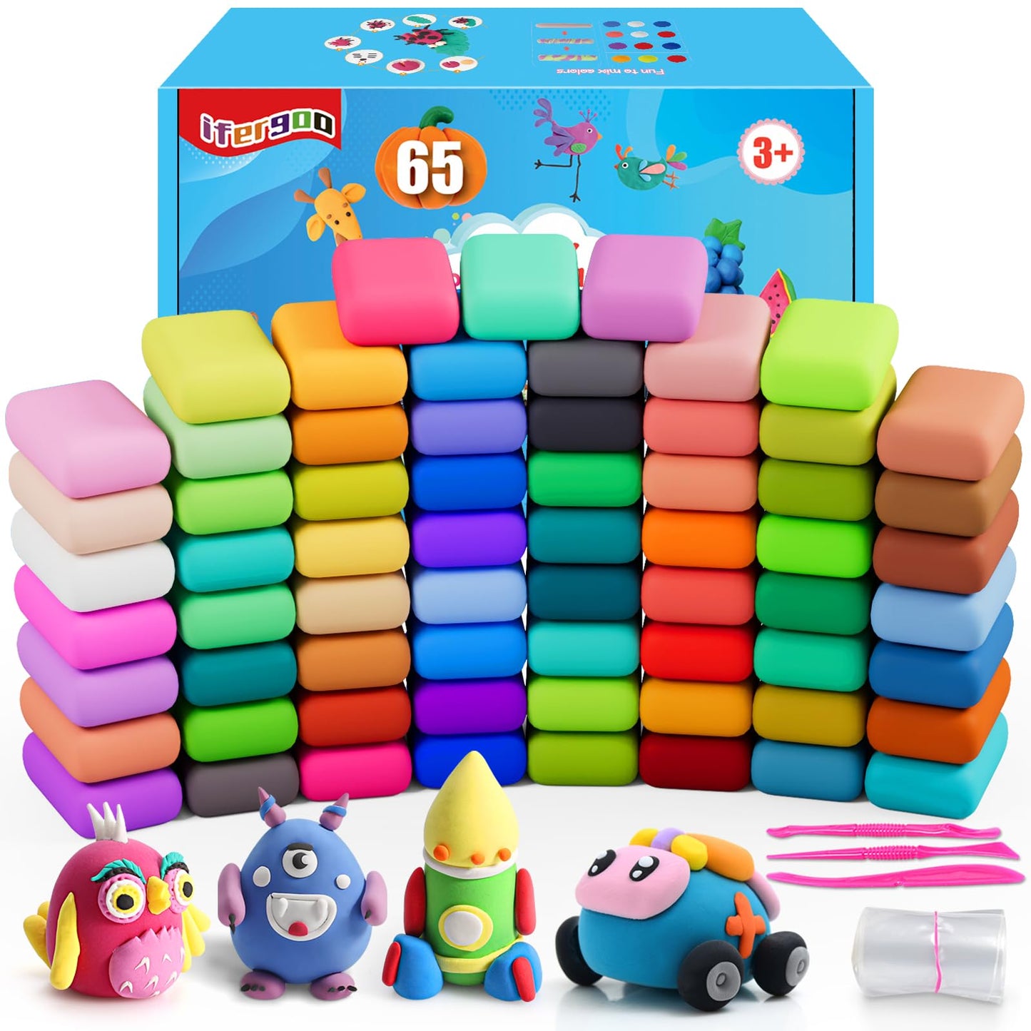 ifergoo Modeling Clay Kits - 65 Colors Air Dry Clay, DIY Molding Magic Clay, No-Toixic Kids Air Clay Set for Boys and Girls